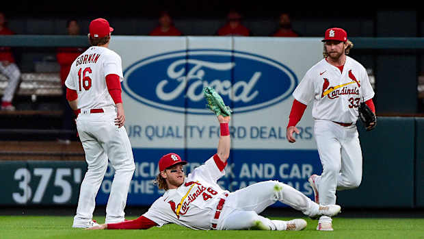 St. Louis Cardinals infielder Nolan Gorman, former St. Louis Cardinals outfielder Harrison Bader, and St. Louis Cardinals outfielder Brendan Donovan